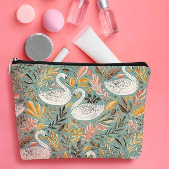 F18-NEW Turquoise with White Swans Cosmetic Bag - Picture 5 of 8